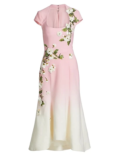 Embroidered Ombré Virgin-Wool Scoopneck Midi-Dress