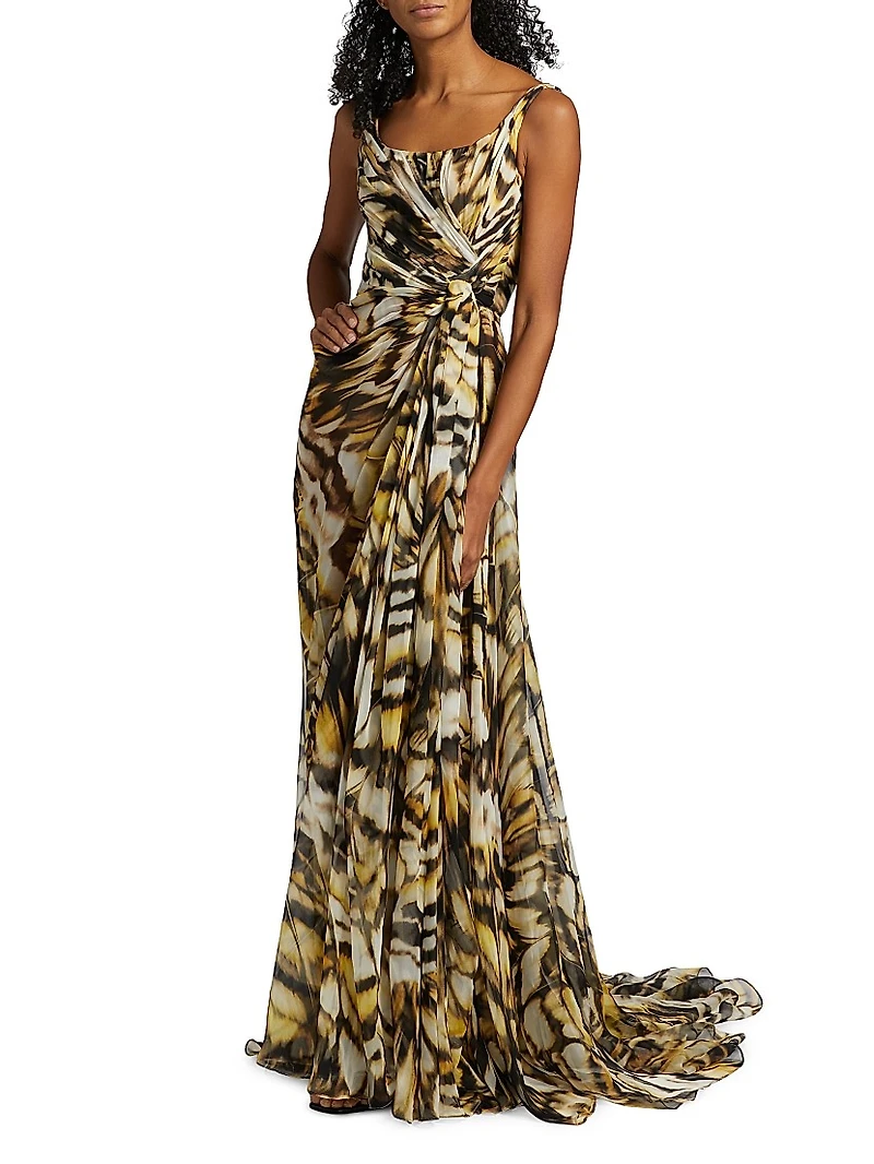 Abstract Butterfly Silk Chiffon Gown