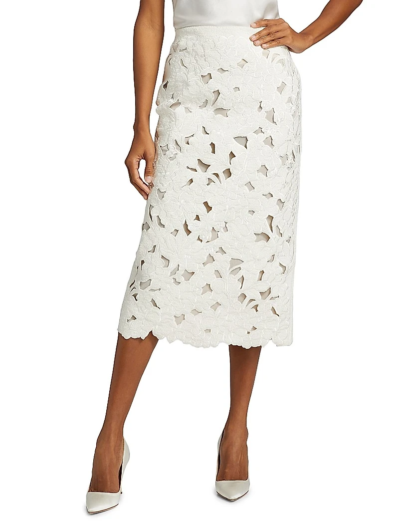 Tweed Embroidered Cut-Out Midi-Skirt