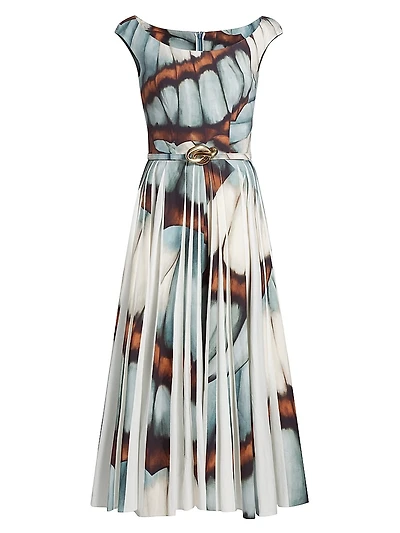 Butterfly Poplin Belted Fit & Flare Midi-Dress