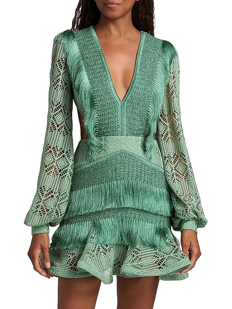 Samba Fringed Bishop-Sleeve Minidress