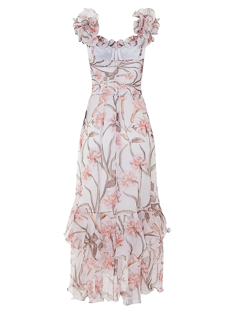 Botanic Retro Ruffled Floral Chiffon Maxi Dress