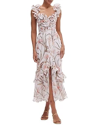 Botanic Retro Ruffled Floral Chiffon Maxi Dress