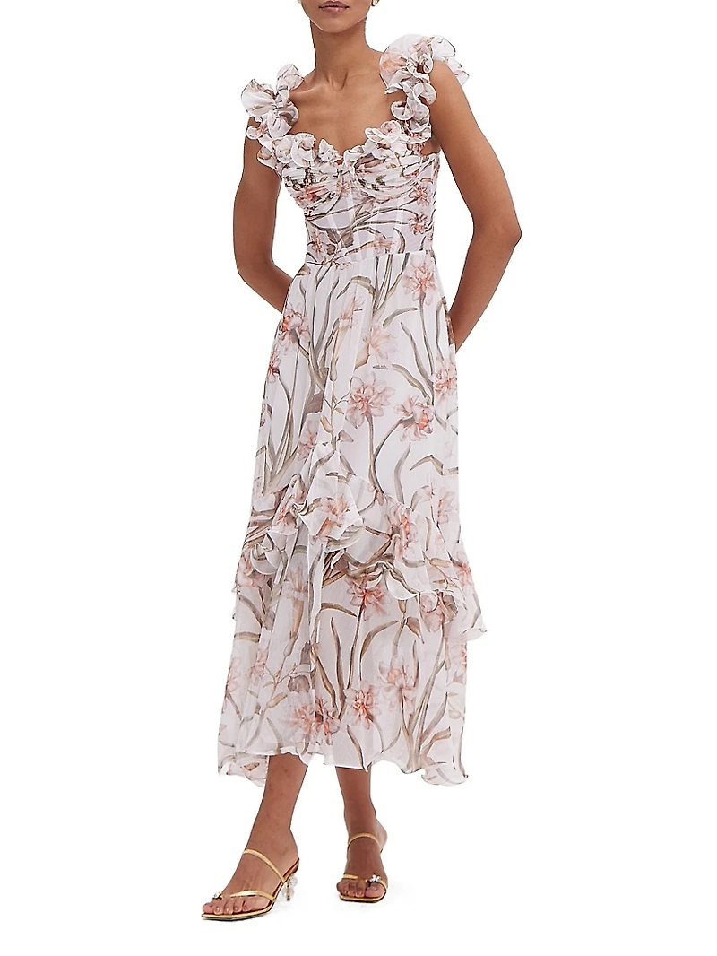 Botanic Retro Ruffled Floral Chiffon Maxi Dress