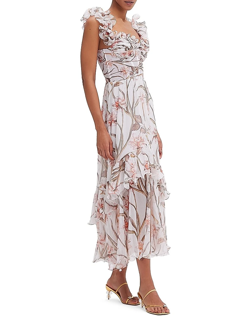 Botanic Retro Ruffled Floral Chiffon Maxi Dress