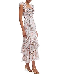 Botanic Retro Ruffled Floral Chiffon Maxi Dress