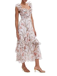 Botanic Retro Ruffled Floral Chiffon Maxi Dress