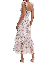 Botanic Retro Ruffled Floral Chiffon Maxi Dress