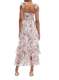 Botanic Retro Ruffled Floral Chiffon Maxi Dress