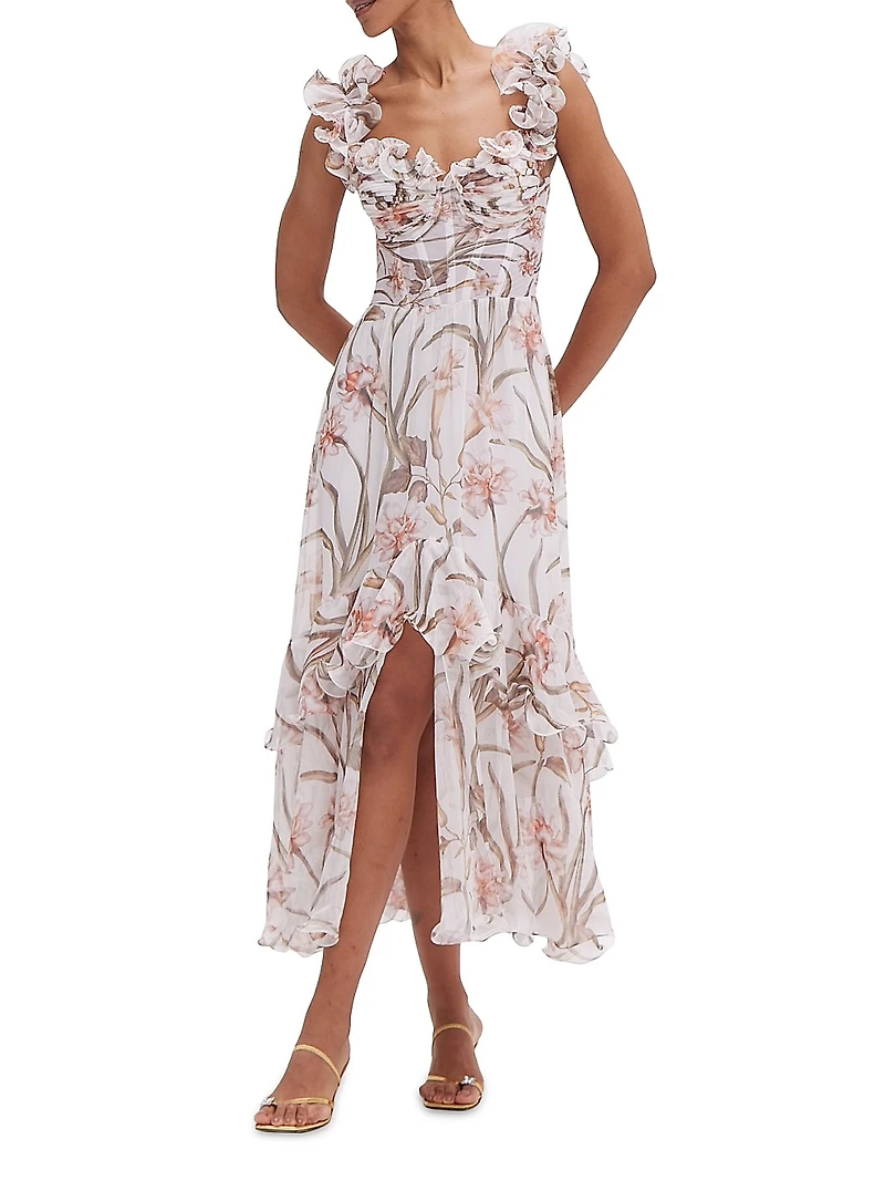 Botanic Retro Ruffled Floral Chiffon Maxi Dress