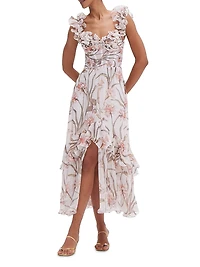 Botanic Retro Ruffled Floral Chiffon Maxi Dress