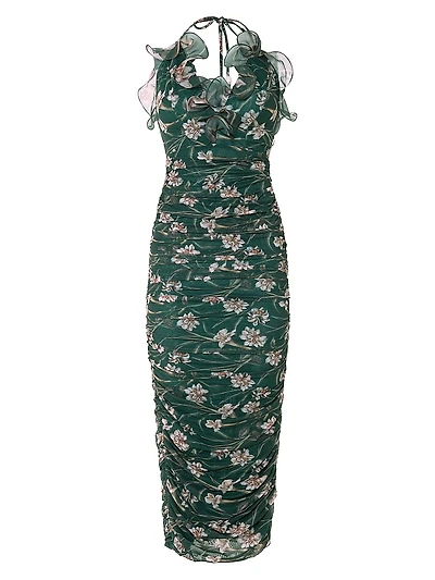 Botanic Retro Floral Chiffon Ruched Midi-Dress