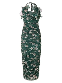 Botanic Retro Floral Chiffon Ruched Midi-Dress