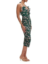 Botanic Retro Floral Chiffon Ruched Midi-Dress
