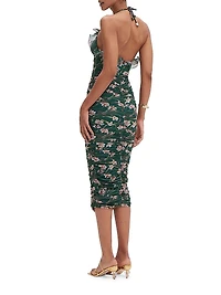 Botanic Retro Floral Chiffon Ruched Midi-Dress