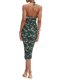 Botanic Retro Floral Chiffon Ruched Midi-Dress