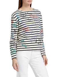 End Of The Year Graffiti Striped Cotton Crewneck Top