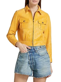 Textured Leather Crop Zip-Up Jacket