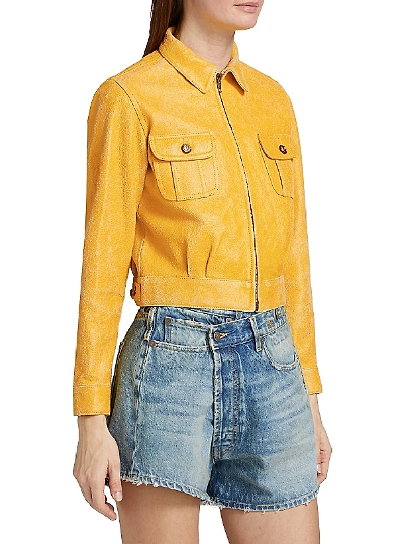 Textured Leather Crop Zip-Up Jacket