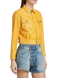 Textured Leather Crop Zip-Up Jacket