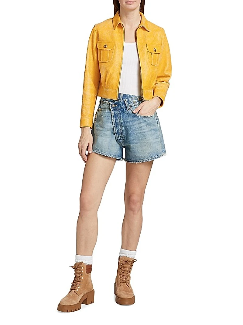 Textured Leather Crop Zip-Up Jacket