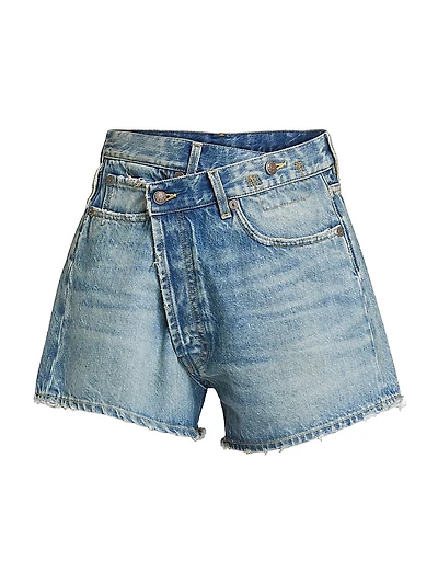 Crossover Asymmetric Washed-Denim Shorts