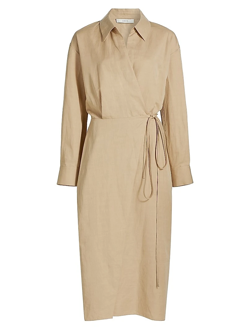 Cotton-Linen-Blend Wrap Midi-Shirtdress