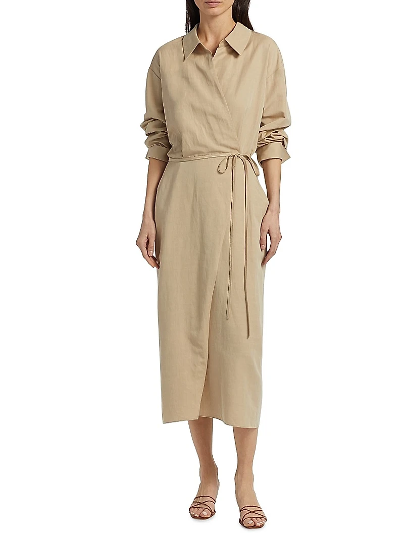 Cotton-Linen-Blend Wrap Midi-Shirtdress