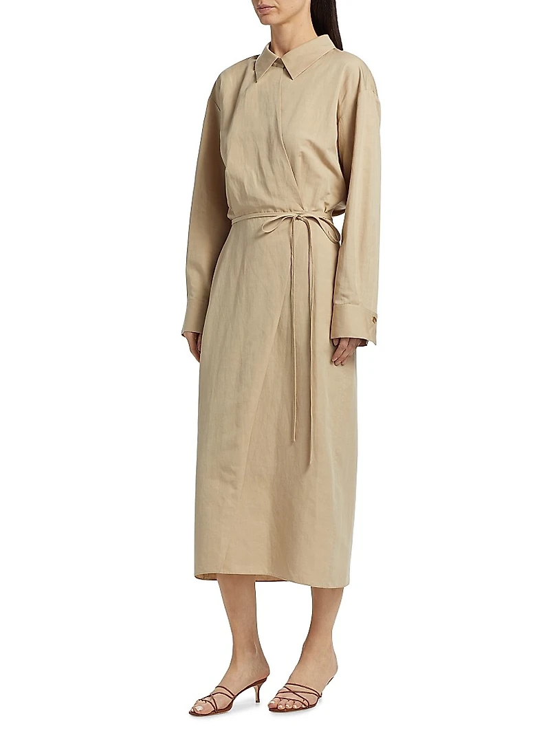 Cotton-Linen-Blend Wrap Midi-Shirtdress