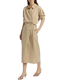 Cotton-Linen-Blend Wrap Midi-Shirtdress