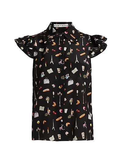 Martel Printed Silk Flutter-Sleeve Shirt