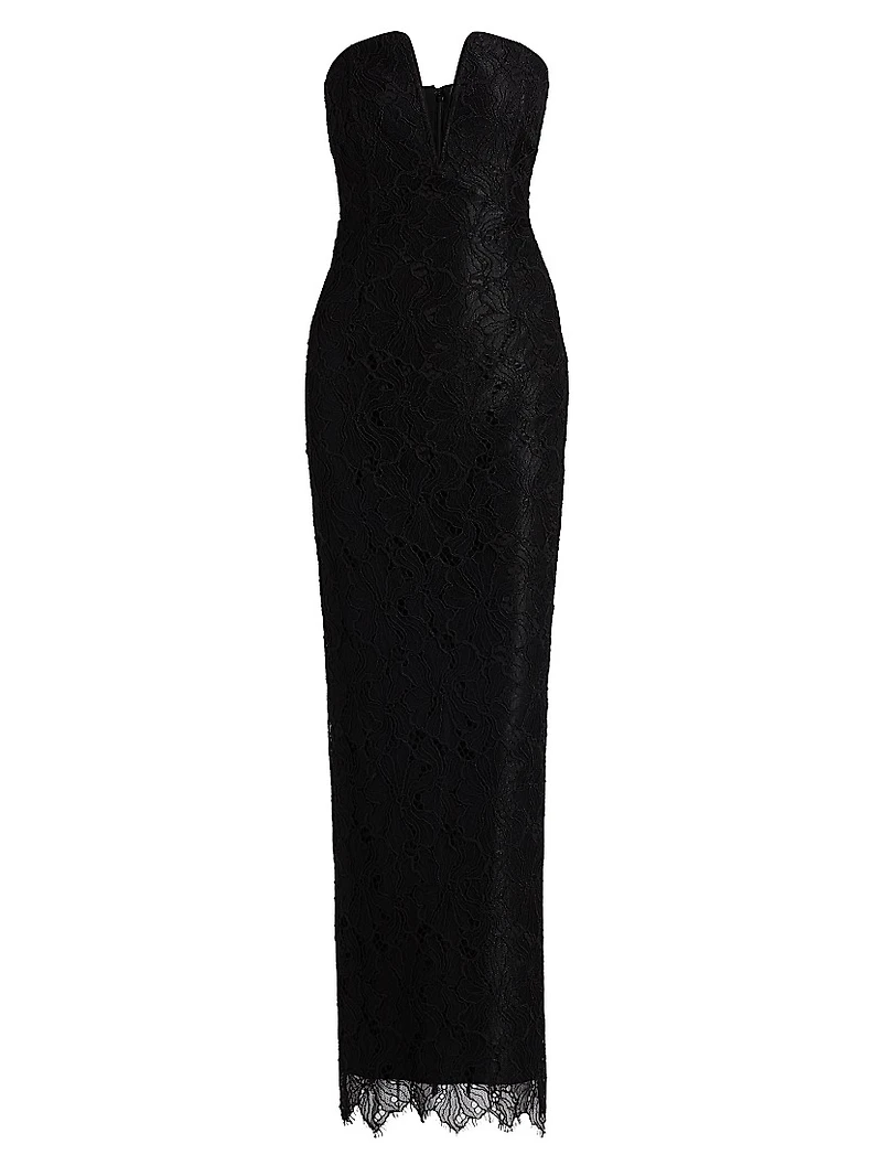 Lace-Trimmed Strapless V-Neck Gown
