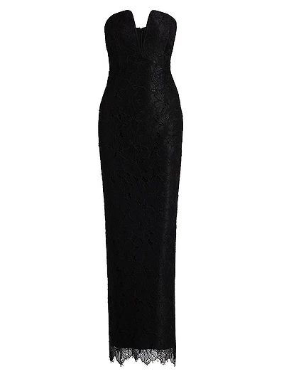 Lace-Trimmed Strapless V-Neck Gown