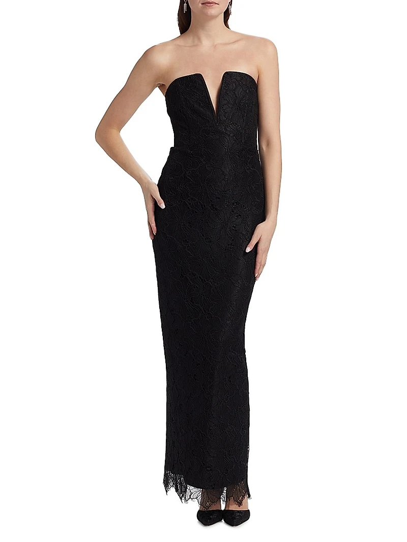 Lace-Trimmed Strapless V-Neck Gown