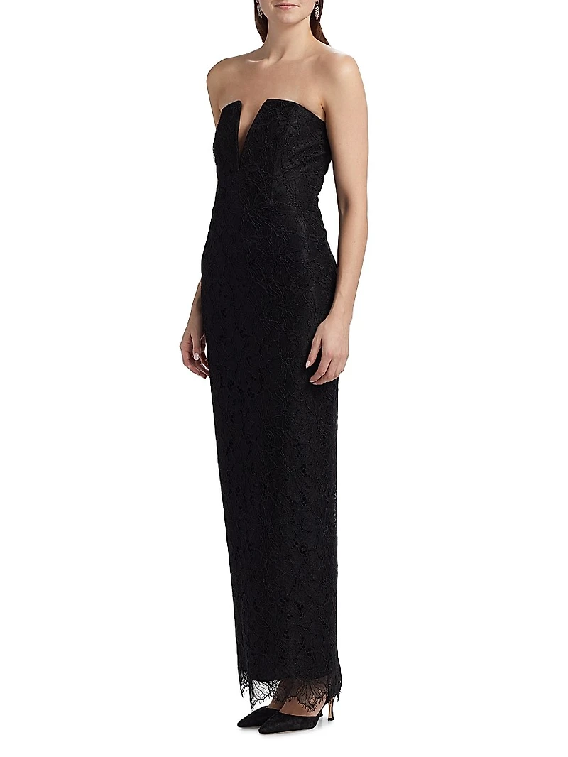 Lace-Trimmed Strapless V-Neck Gown