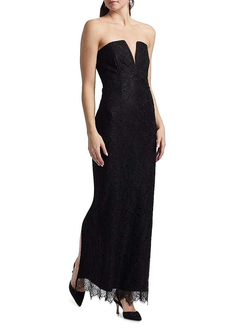 Lace-Trimmed Strapless V-Neck Gown