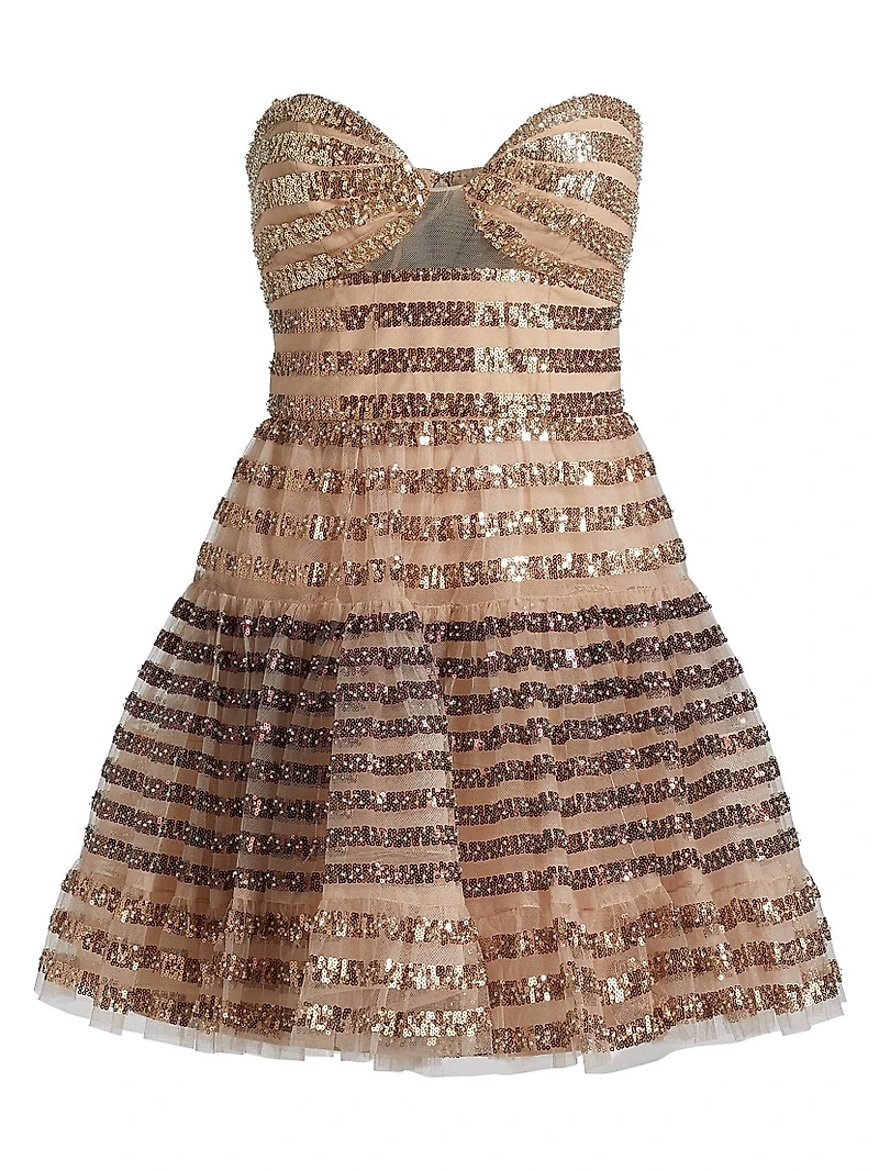 Sequined Striped Strapless Mini-Dress