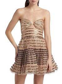 Sequined Striped Strapless Mini-Dress