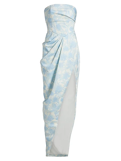 Gathered Floral Strapless Gown