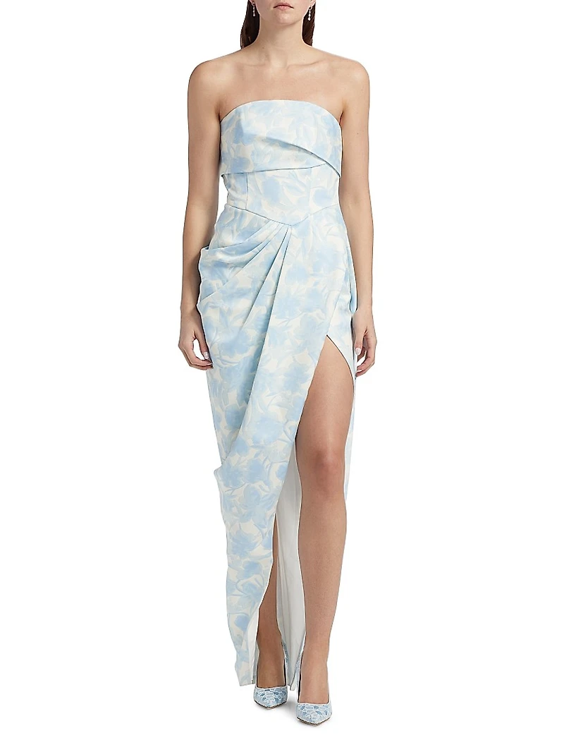 Gathered Floral Strapless Gown