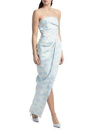Gathered Floral Strapless Gown