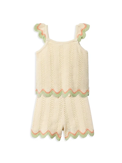 Little Girl's 2-Piece Crochet Scallop Shorts Set