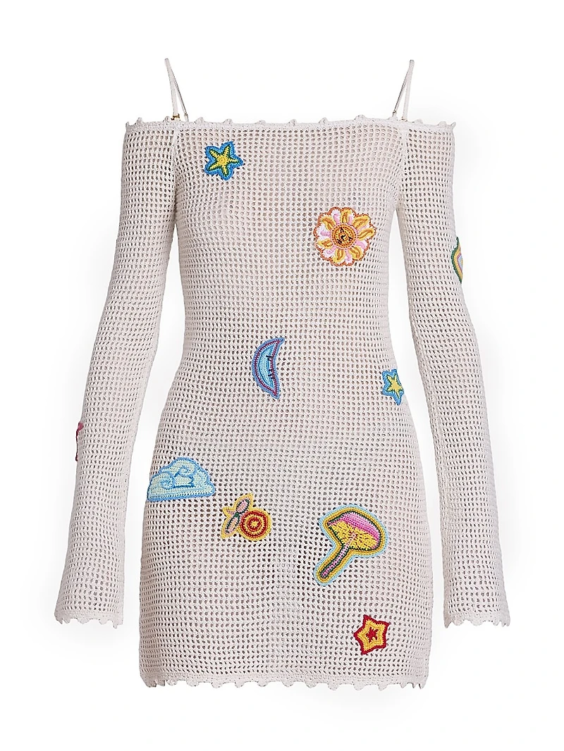 Crocheted Patchy Off-the-Shoulder Minidress