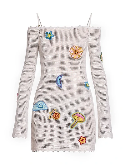 Crocheted Patchy Off-the-Shoulder Minidress
