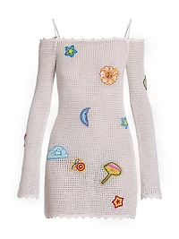 Crocheted Patchy Off-the-Shoulder Minidress