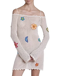 Crocheted Patchy Off-the-Shoulder Minidress
