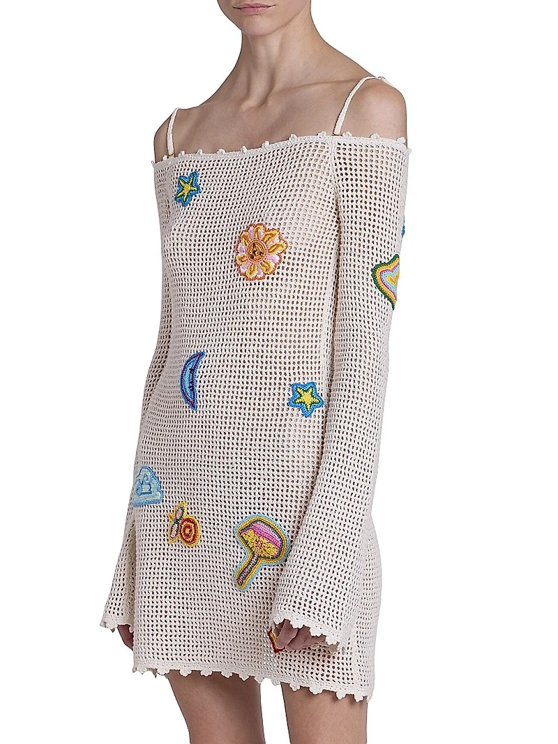 Crocheted Patchy Off-the-Shoulder Minidress