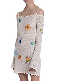 Crocheted Patchy Off-the-Shoulder Minidress
