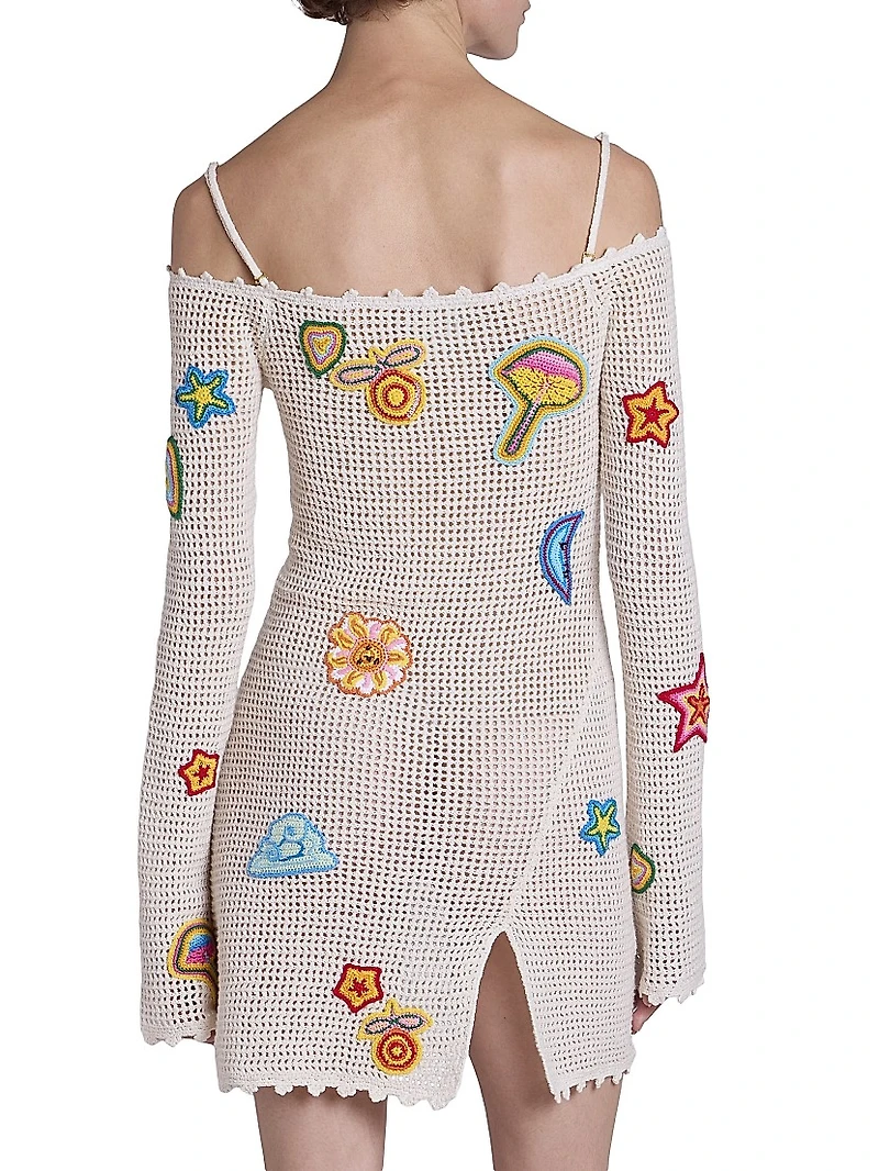 Crocheted Patchy Off-the-Shoulder Minidress
