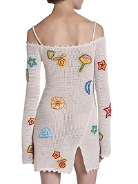 Crocheted Patchy Off-the-Shoulder Minidress